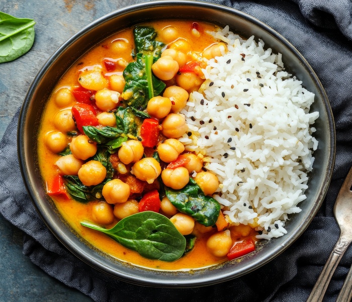 Alimentazione vegana - Piatto di riso con ceci e spinaci